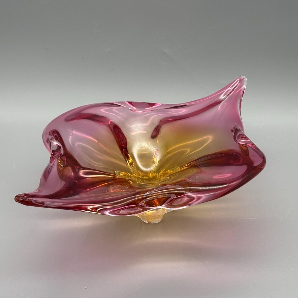 Vintage Murano Style Art Glass Bowl Pink Yellow Hand Blown Centerpiece